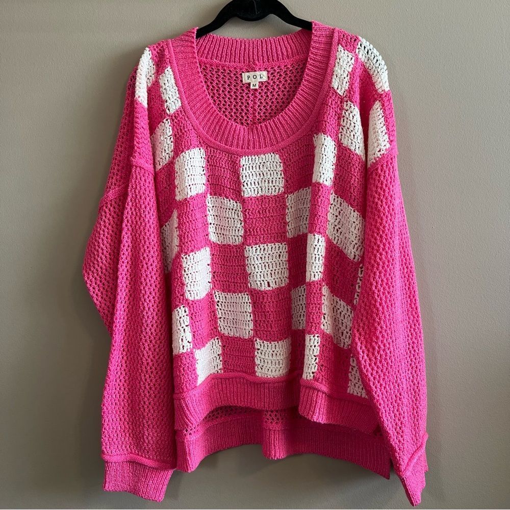 POL Women’s Pink White Checkered Knit Sweater Medium
